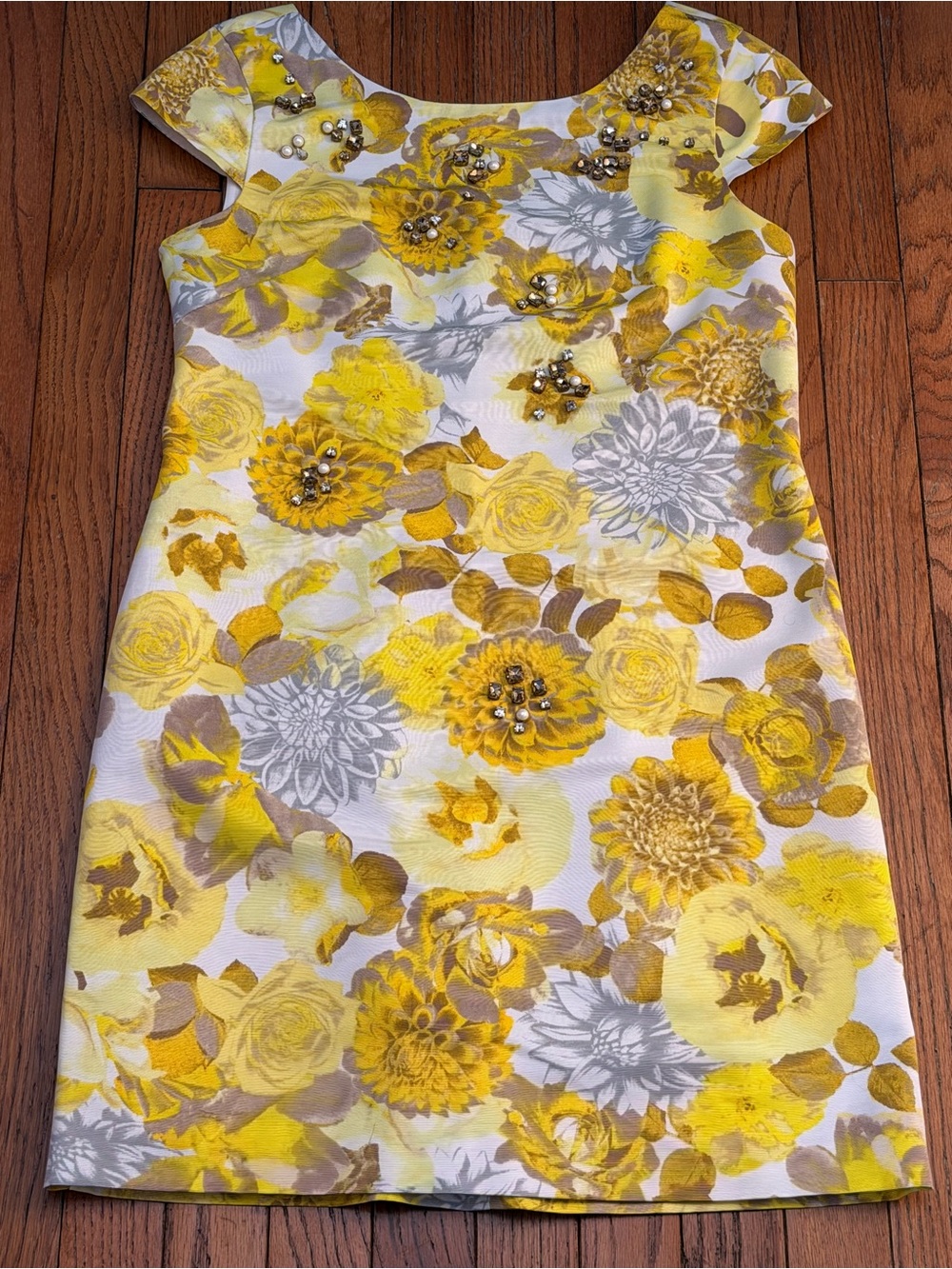 NWT Eliza J Yellow and Gray Floral Jewel-Embellished Mini Dress 4 petite